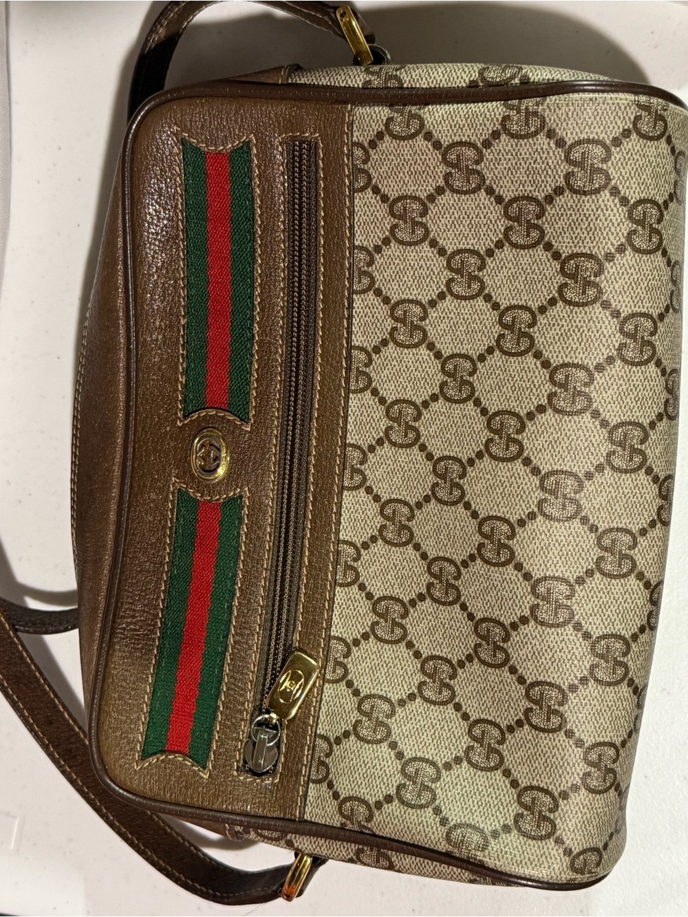 Gucci Brown Leather Trim Crossbody with Green and Red Web Stripe